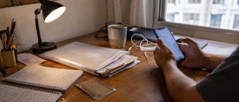 Pessoa consultando o celular para dar entrada no auxilio-doenca, com documentos e pasta sobre a mesa