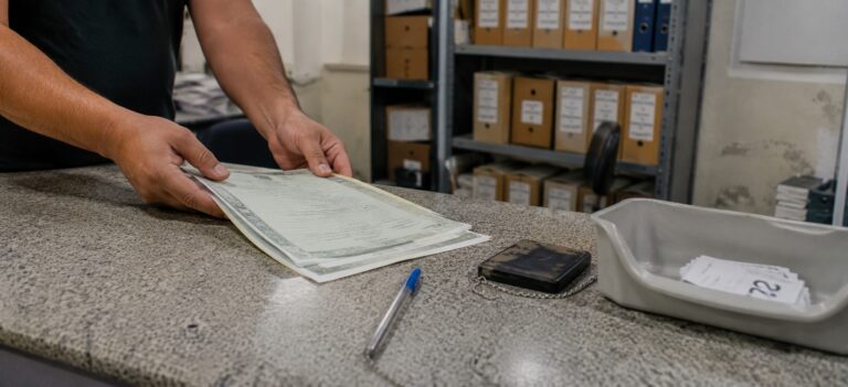 Certidoes sendo entregues no balcao de um cartorio para abertura de inventario extrajudicial