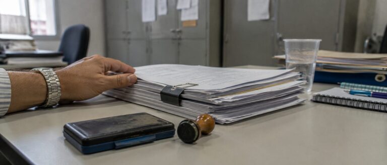 Processo administrativo de recurso do auxilio-doenca sobre a mesa de um escritorio de advocacia